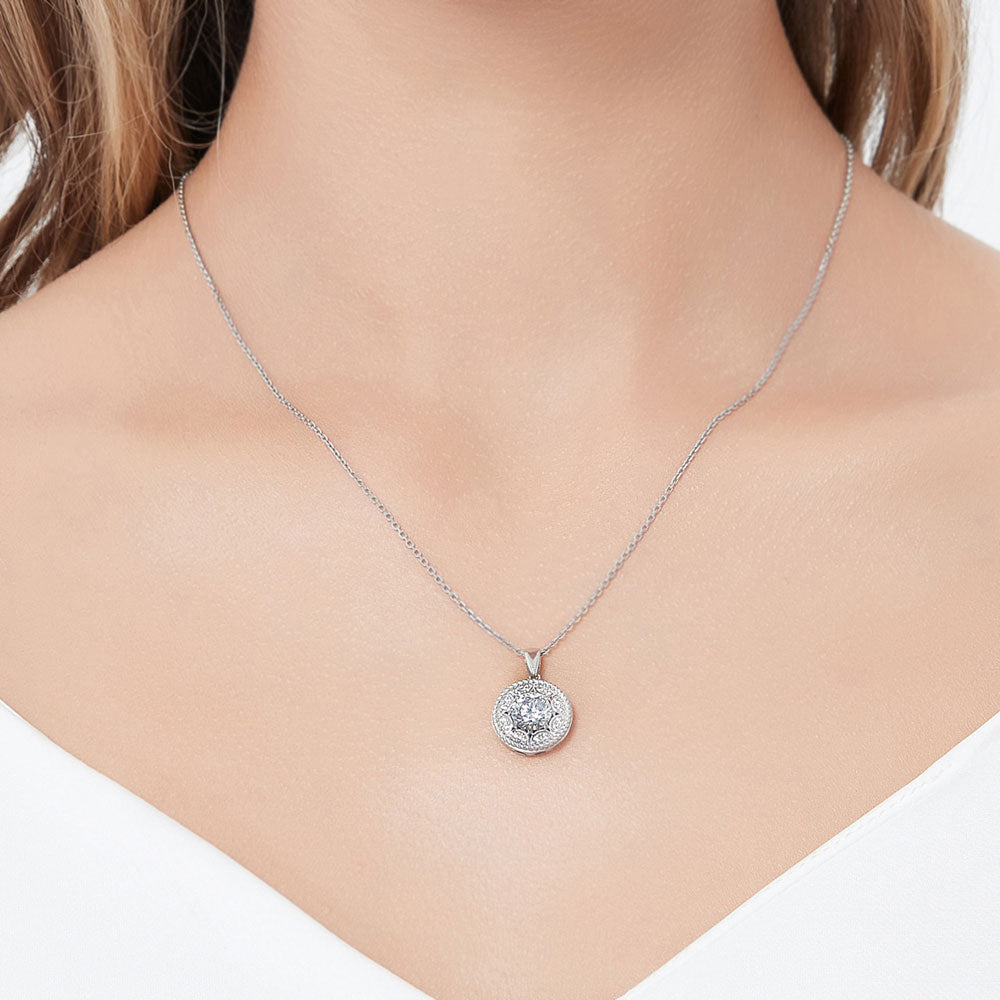 Model wearing Cable Halo CZ Pendant Necklace in Sterling Silver