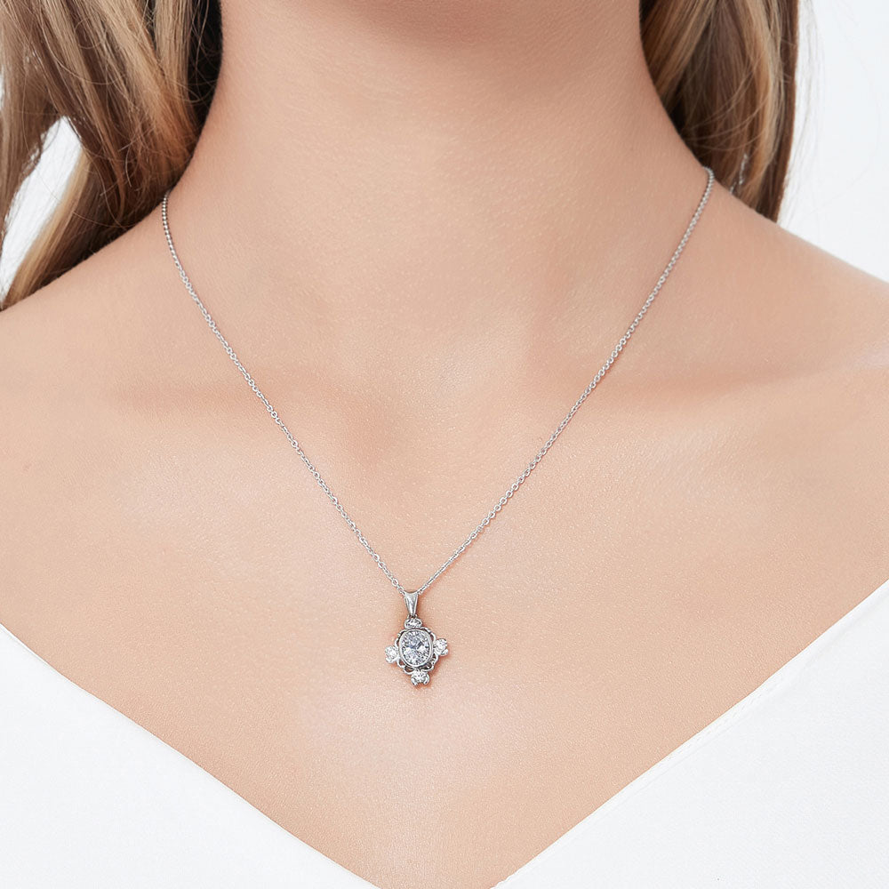 Flower Art Deco CZ Pendant Necklace in Sterling Silver