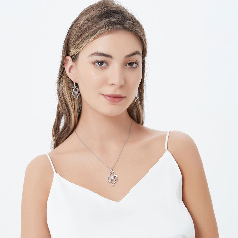 Model wearing Woven Art Deco CZ Statement Pendant Necklace in Sterling Silver