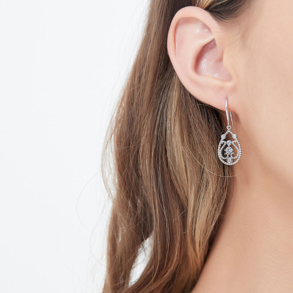 Model wearing Art Deco Milgrain CZ Necklace and Earrings Set in Sterling Silver