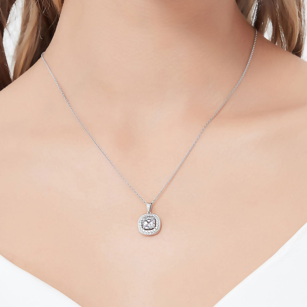 Model wearing Halo Woven Cushion CZ Pendant Necklace in Sterling Silver, 2 of 7