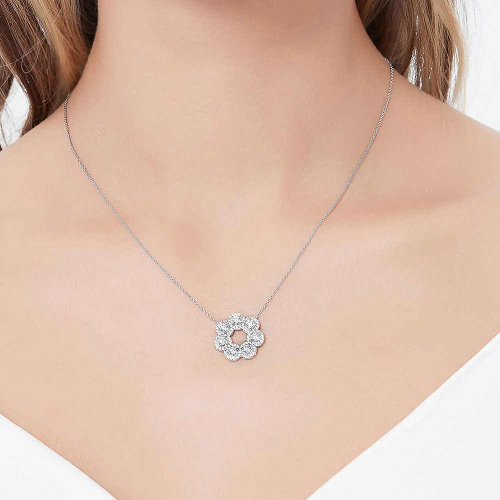 Model wearing 7-Stone Wreath CZ Pendant Necklace in Sterling Silver