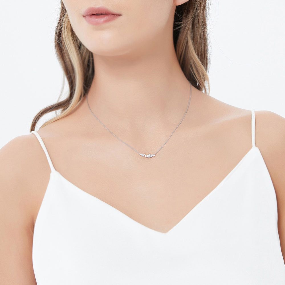 Model wearing Cluster Bar CZ Pendant Necklace in Sterling Silver