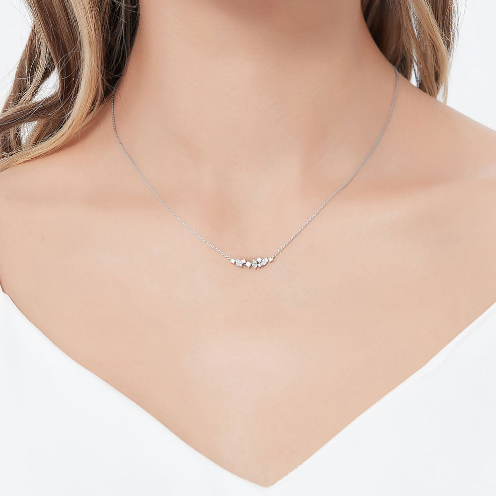 Model wearing Bar Cluster CZ Pendant Necklace in Sterling Silver, 2 Piece
