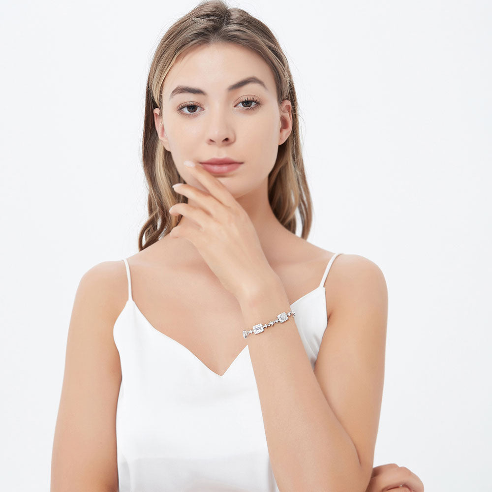 Model wearing Art Deco CZ Chain Bracelet in Sterling Silver