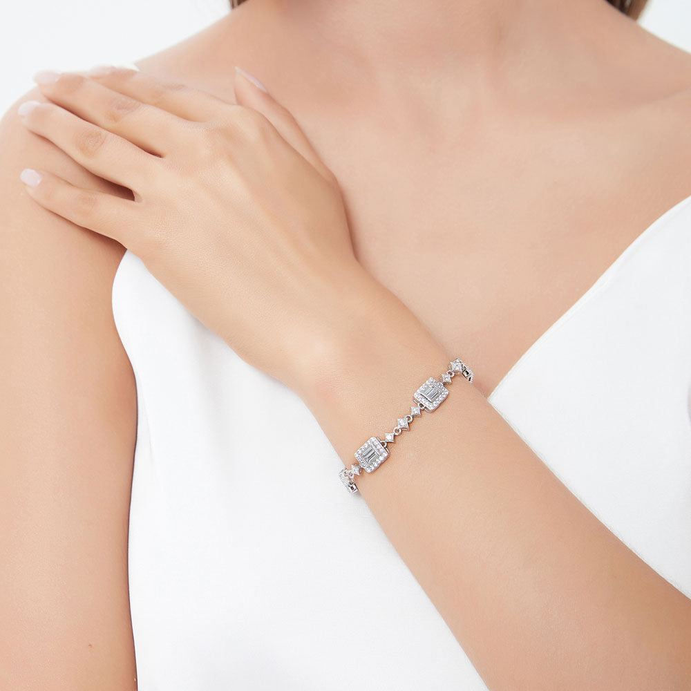 Model wearing Art Deco CZ Chain Bracelet in Sterling Silver