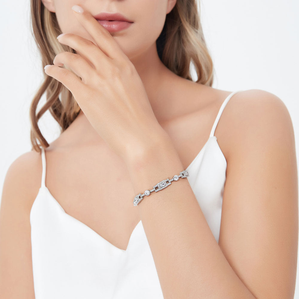 Model wearing Art Deco CZ Chain Bracelet in Sterling Silver