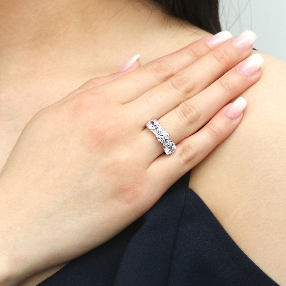 Model wearing 3-Stone Art Deco Oval CZ Statement Ring in Sterling Silver