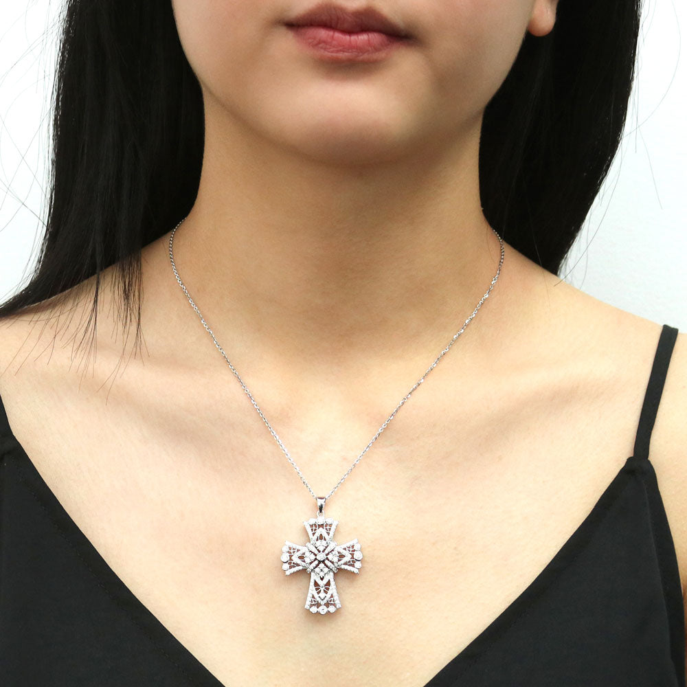 Model wearing Cross CZ Statement Pendant Necklace in Sterling Silver