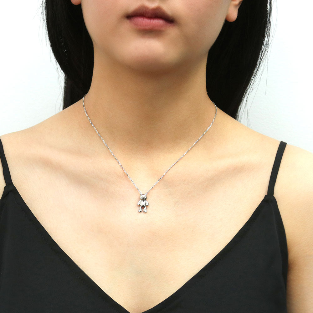 Model wearing Bear CZ Pendant Necklace in Sterling Silver