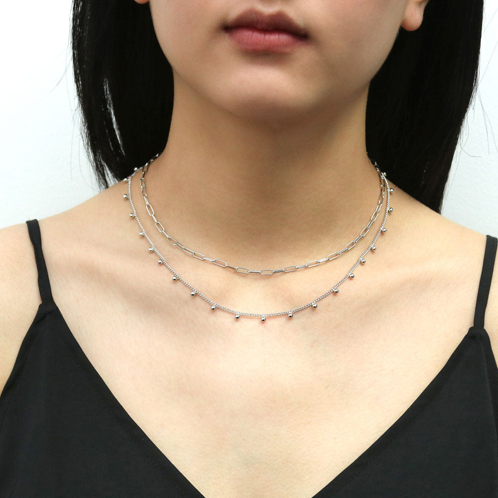 Model wearing Paperclip Bead Chain Necklace in Silver-Tone, 2 Piece