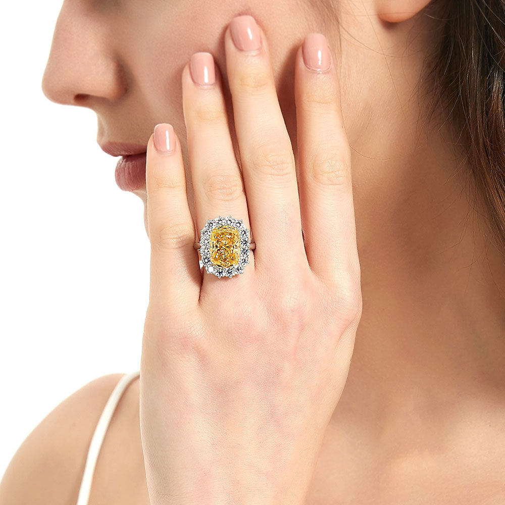 Model wearing Halo Yellow Cushion CZ Statement Ring in Sterling Silver
