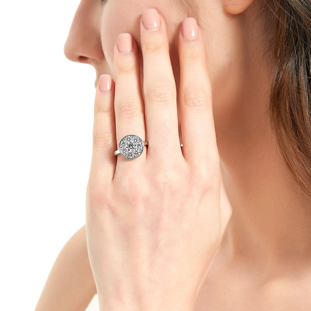Model wearing Flower Halo CZ Ring in Sterling Silver