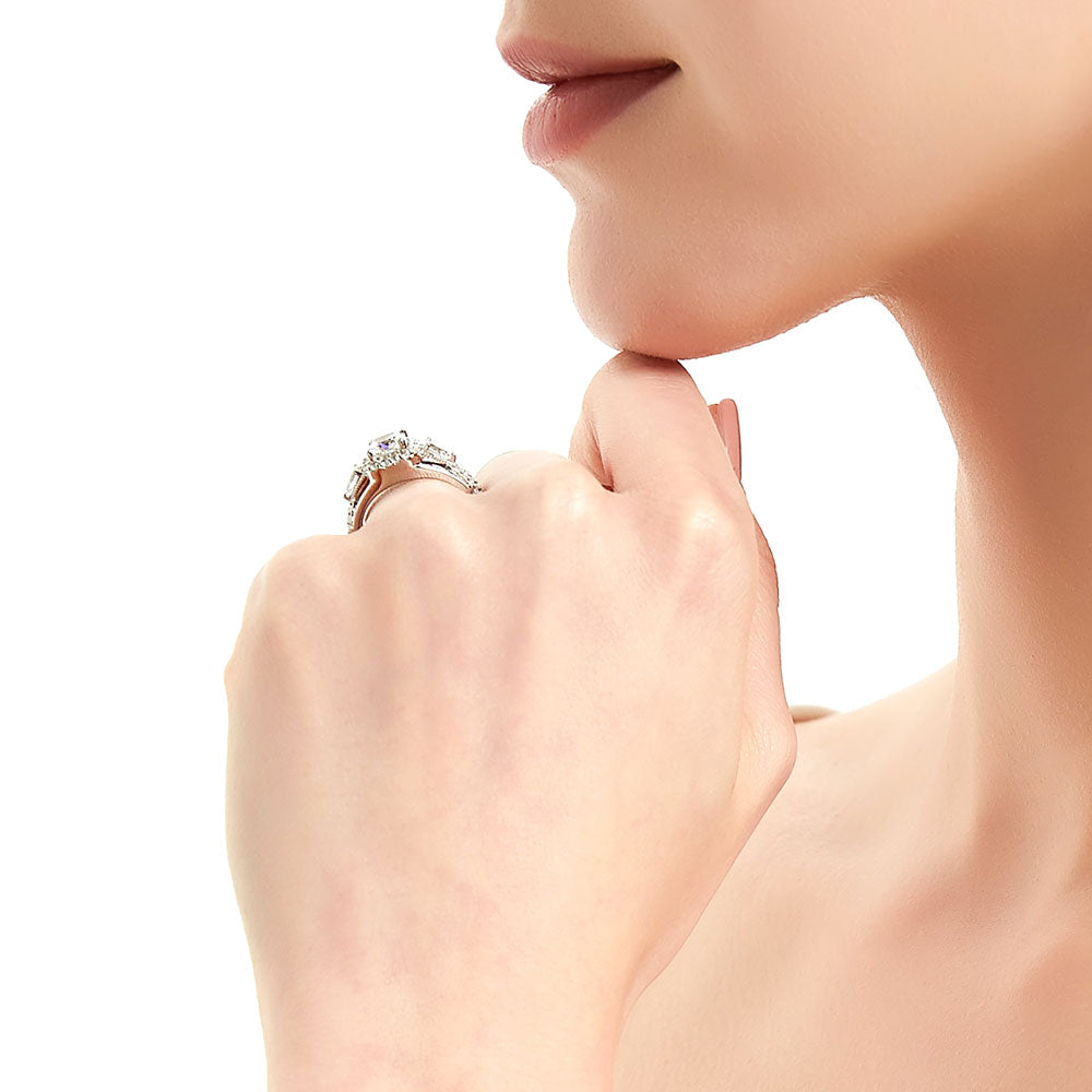 Model wearing 3-Stone Halo Cushion CZ Split Shank Ring in Sterling Silver