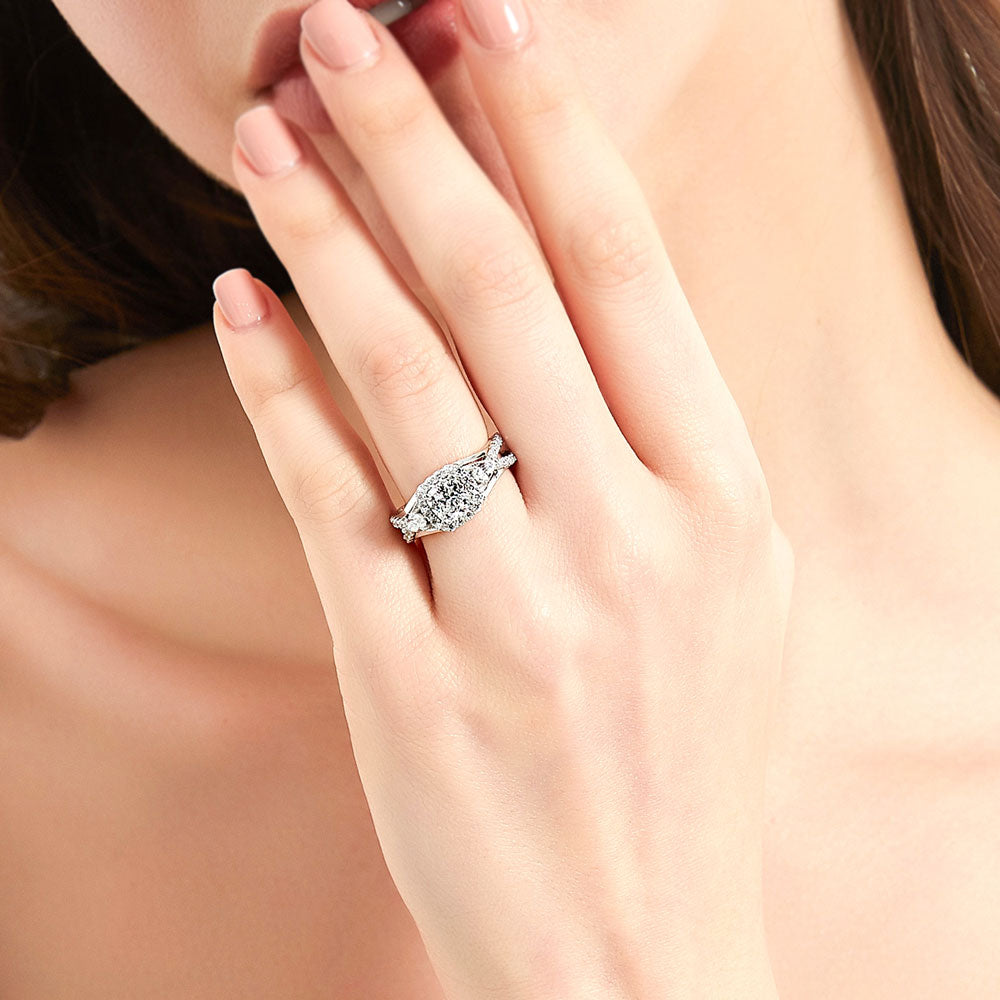 Model wearing 3-Stone Halo Cushion CZ Split Shank Ring in Sterling Silver