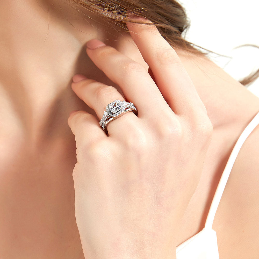 Model wearing 3-Stone Halo Cushion CZ Split Shank Ring in Sterling Silver