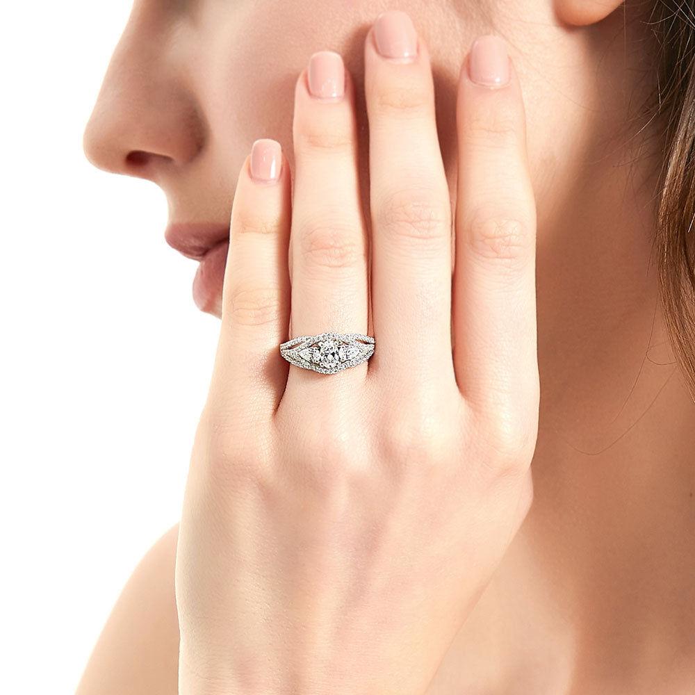 Model wearing Woven 3-Stone CZ Ring in Sterling Silver