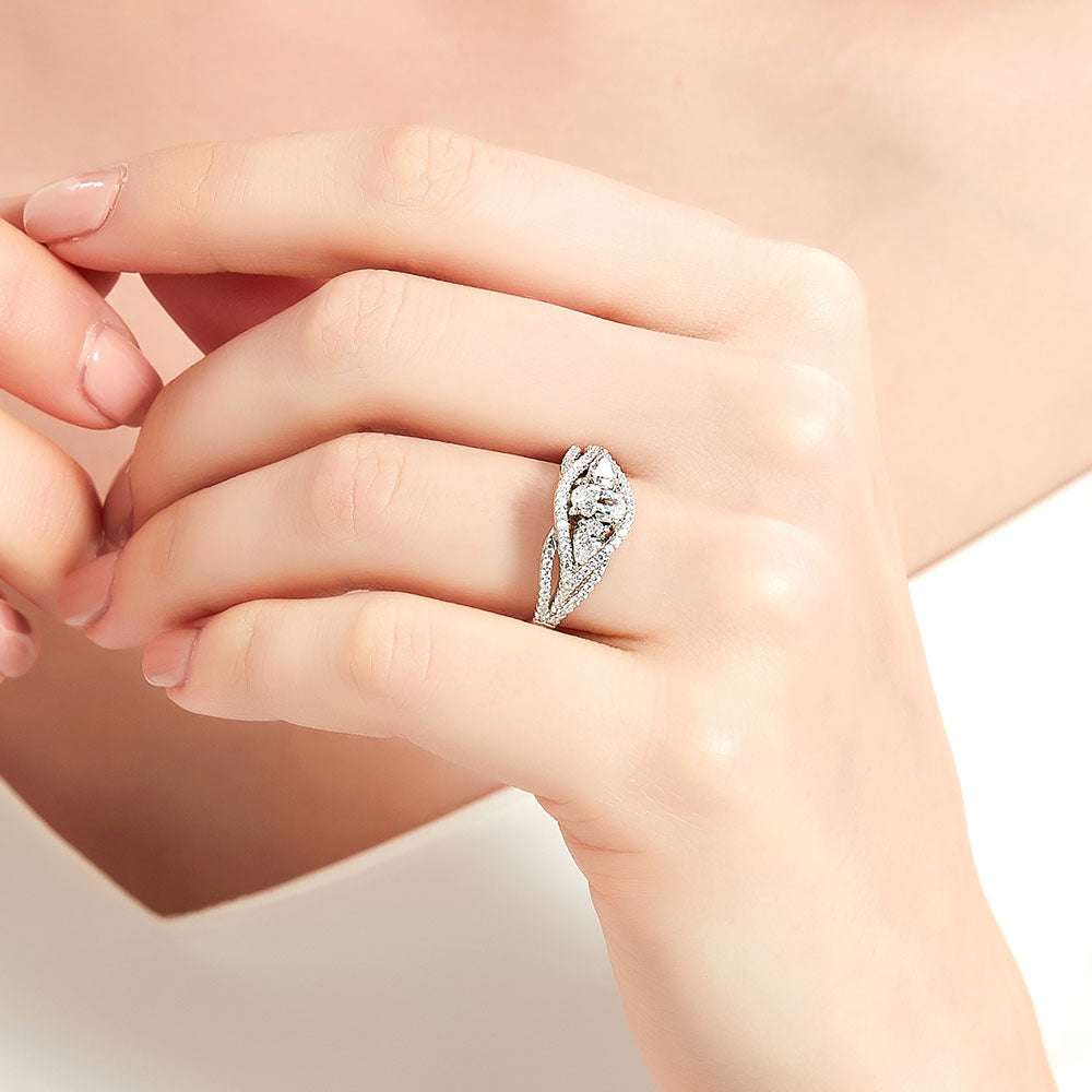 Model wearing Woven 3-Stone CZ Ring in Sterling Silver