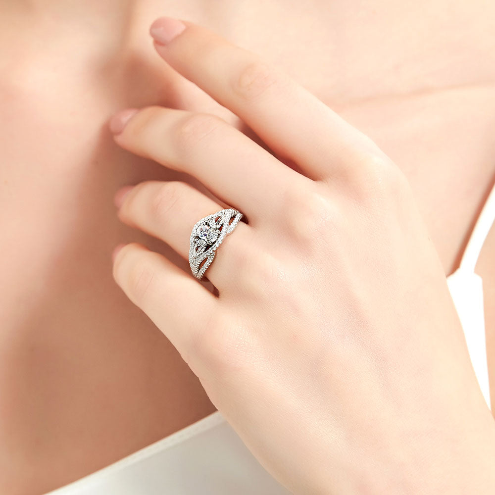 Model wearing Woven 3-Stone CZ Ring in Sterling Silver