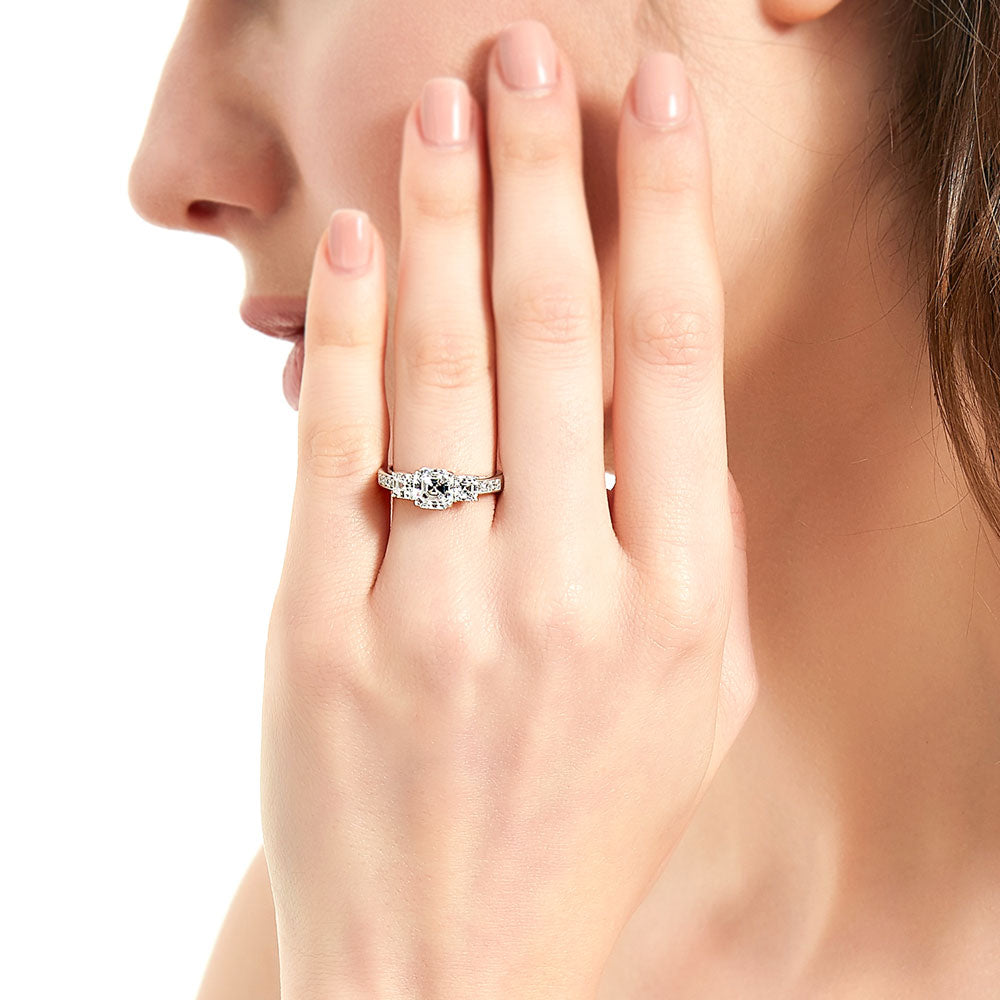 Model wearing 3-Stone Asscher CZ Ring in Sterling Silver