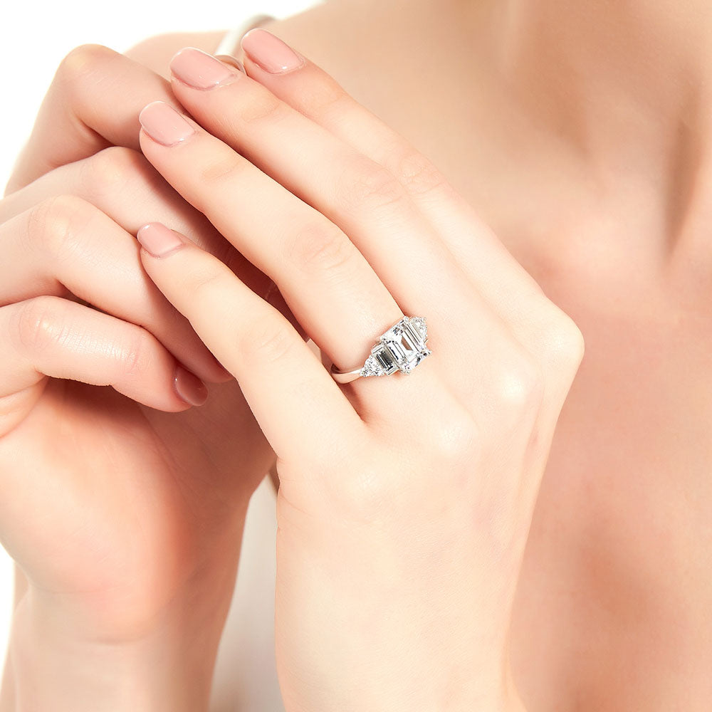 3-Stone Emerald Cut CZ Ring in Sterling Silver