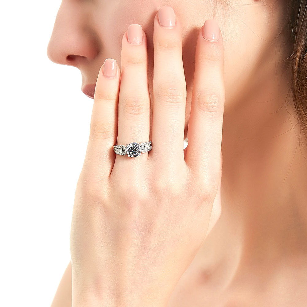 Model wearing Solitaire Round CZ Ring in Sterling Silver 2ct