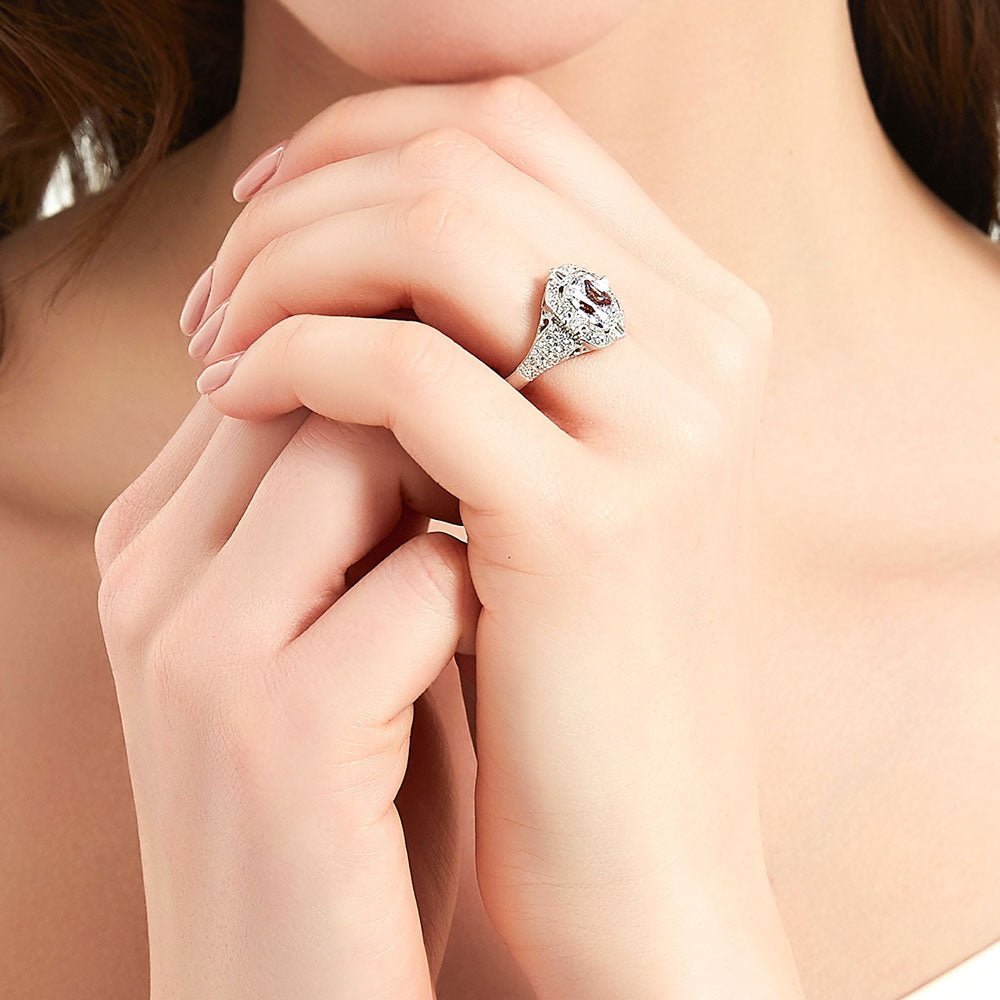 Model wearing Art Deco CZ Statement Ring in Sterling Silver, 6 of 9
