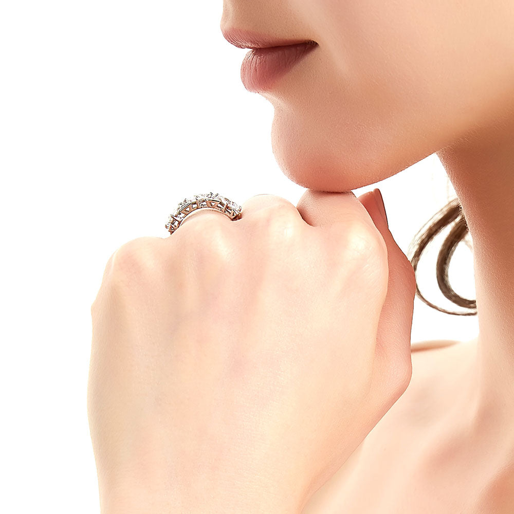 Model wearing 3-Stone Art Deco Princess CZ Statement Ring in Sterling Silver