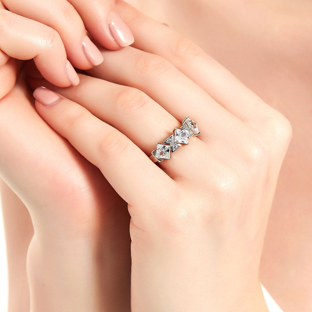 Model wearing 3-Stone Art Deco Princess CZ Statement Ring in Sterling Silver
