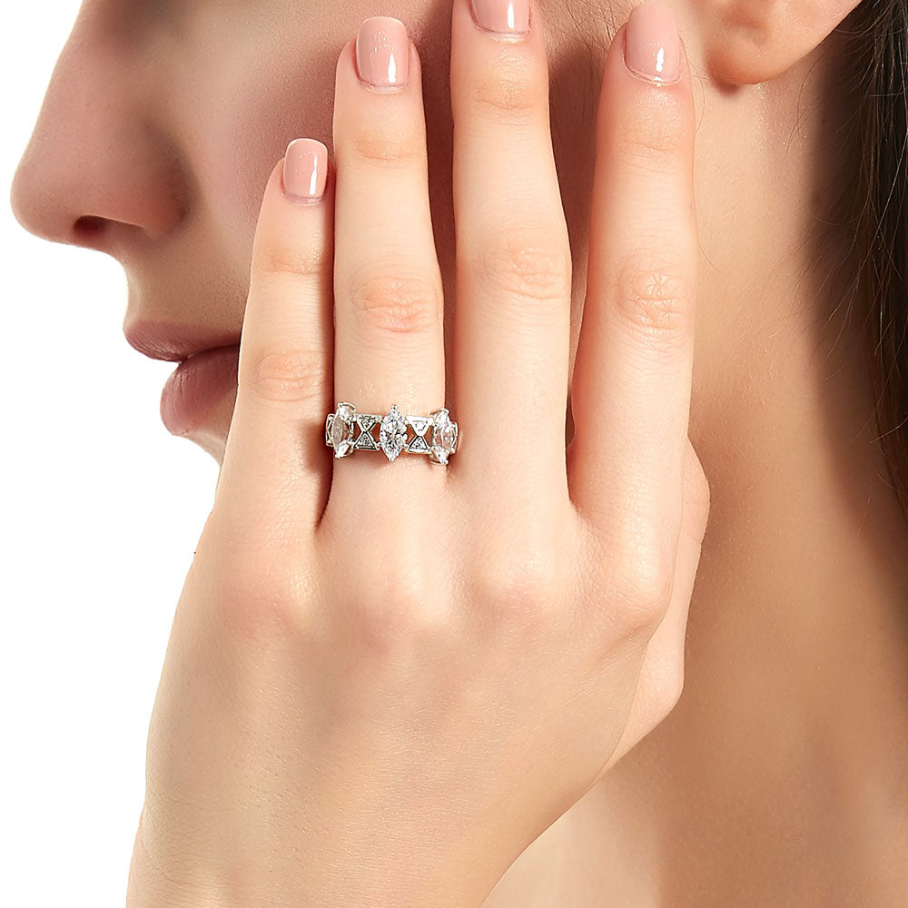 Model wearing 3-Stone Art Deco Marquise CZ Statement Ring in Sterling Silver
