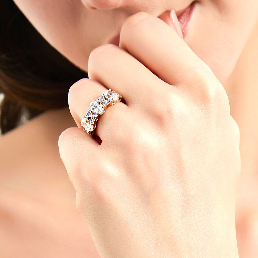 Model wearing 3-Stone Art Deco Oval CZ Statement Ring in Sterling Silver