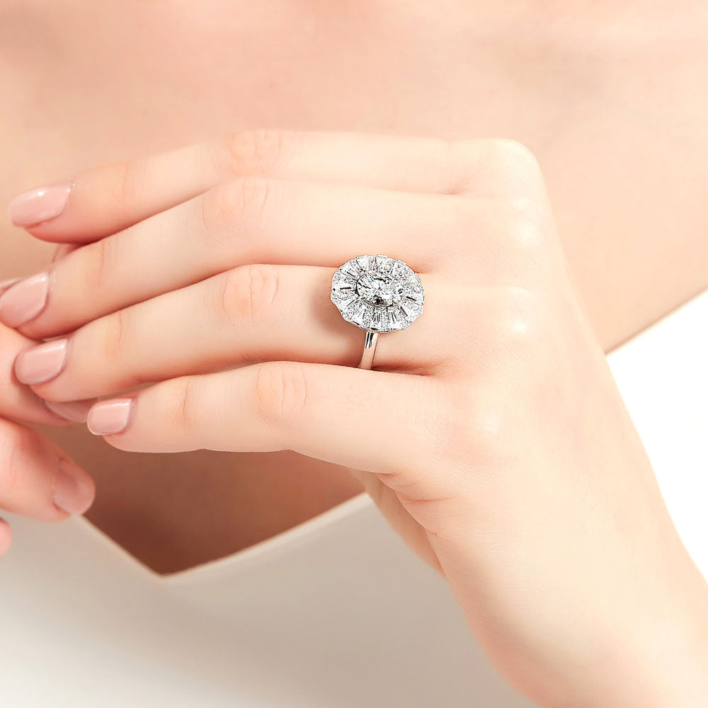 Model wearing Halo Art Deco Oval CZ Ring in Sterling Silver