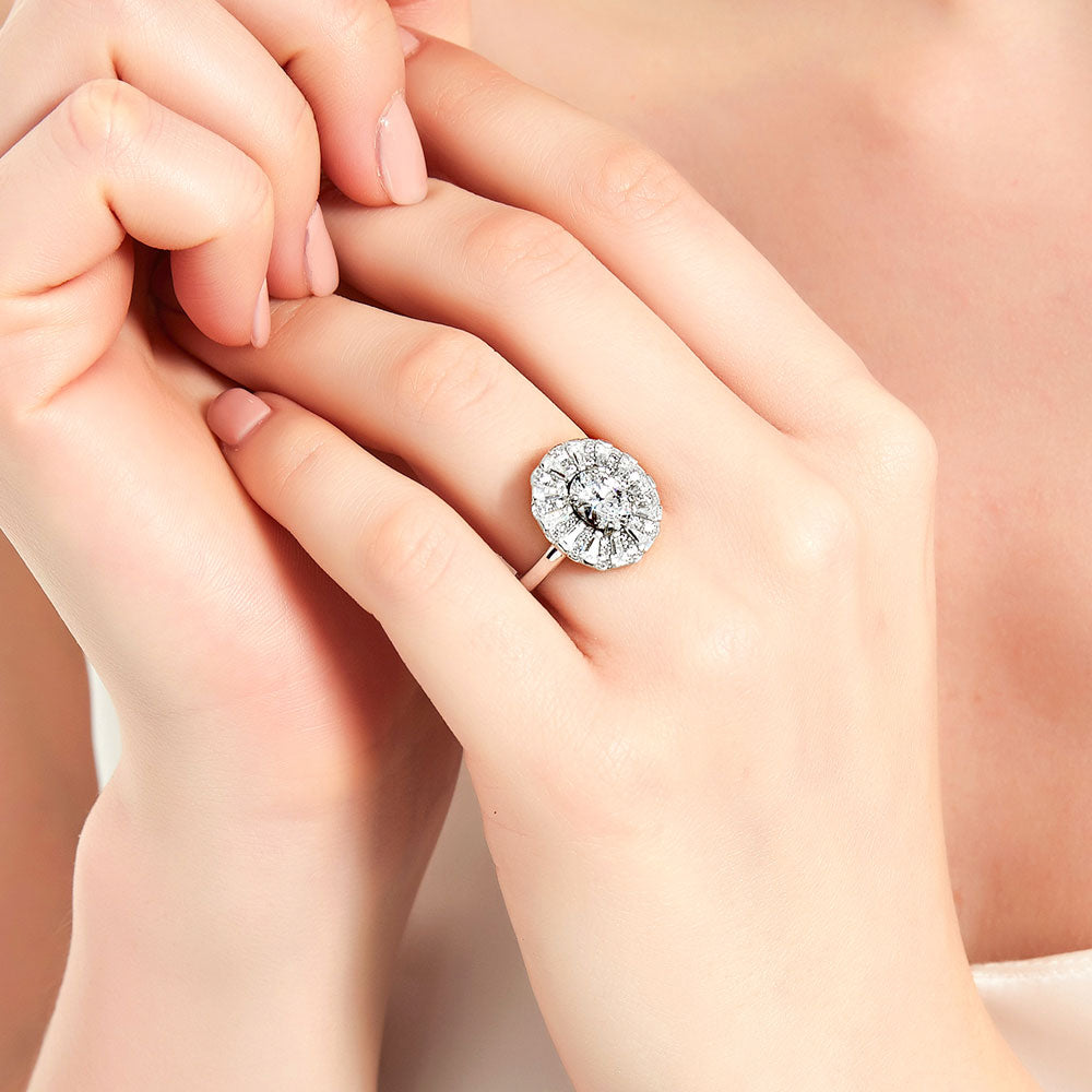 Model wearing Halo Art Deco Oval CZ Ring in Sterling Silver