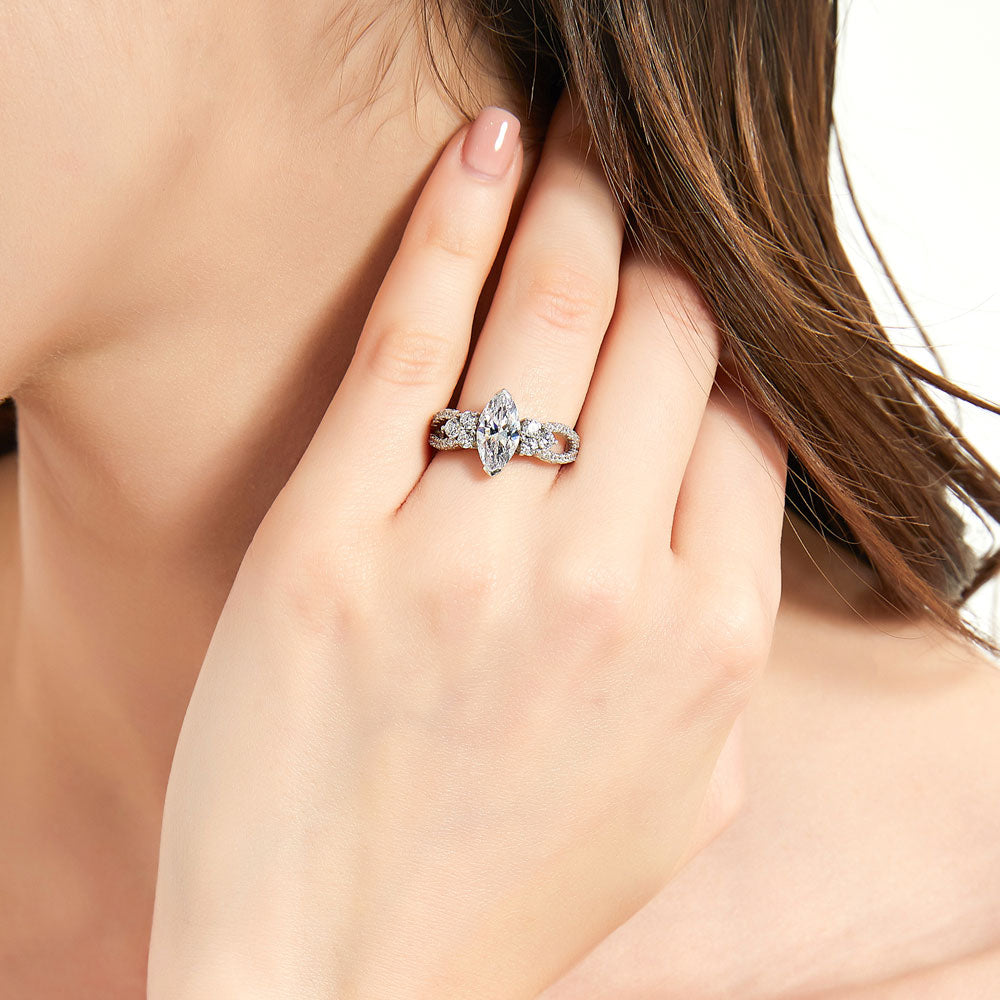 Flower CZ Split Shank Ring in Sterling Silver