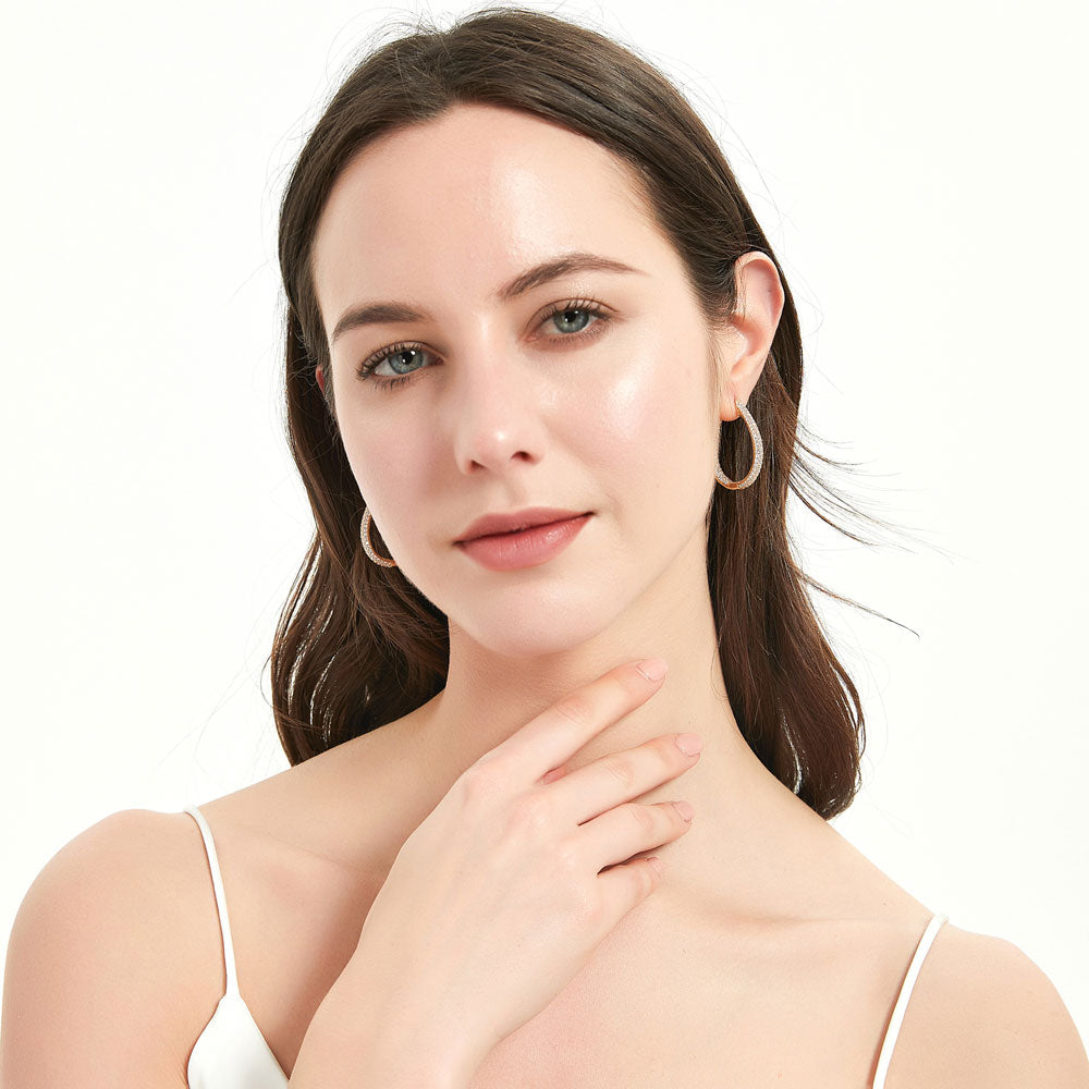 Teardrop CZ Medium Inside-Out Hoop Earrings in Sterling Silver 1.25"