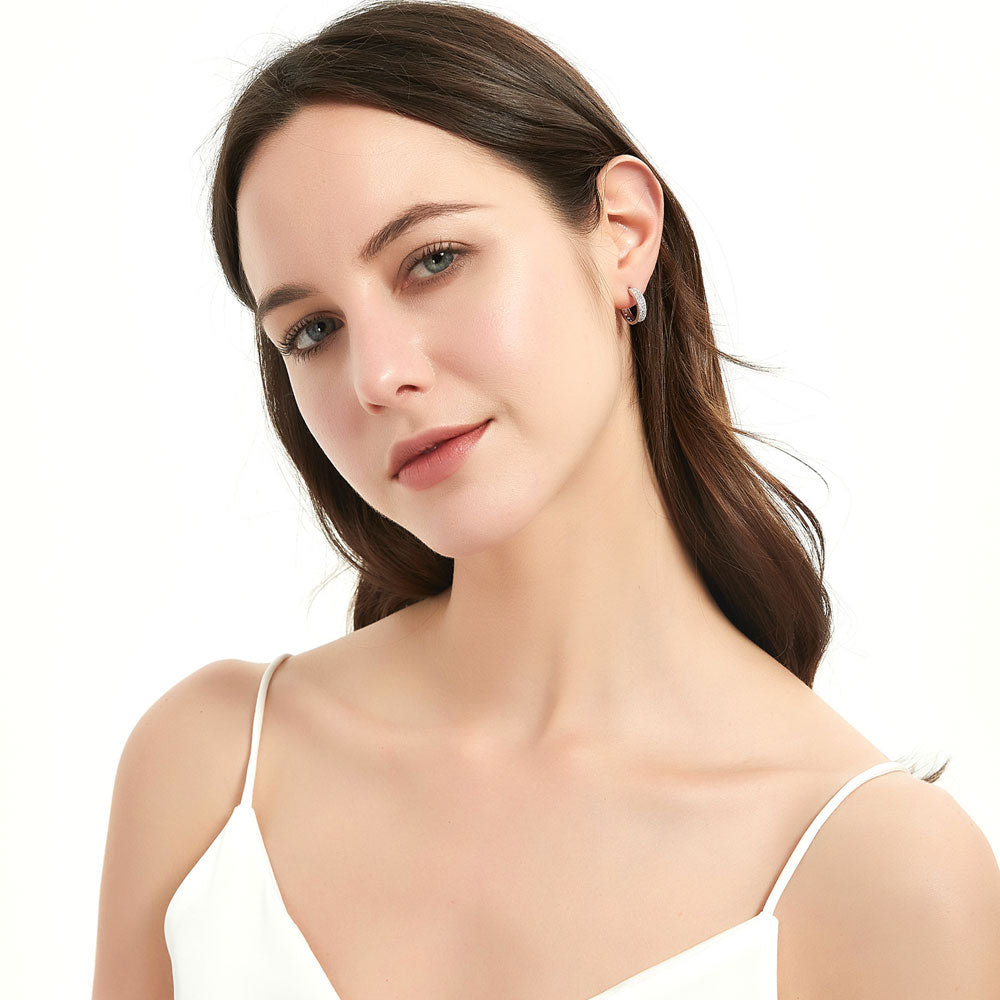 Model wearing Double Row CZ Medium Hoop Earrings in Sterling Silver 0.6 inch, 5 of 6