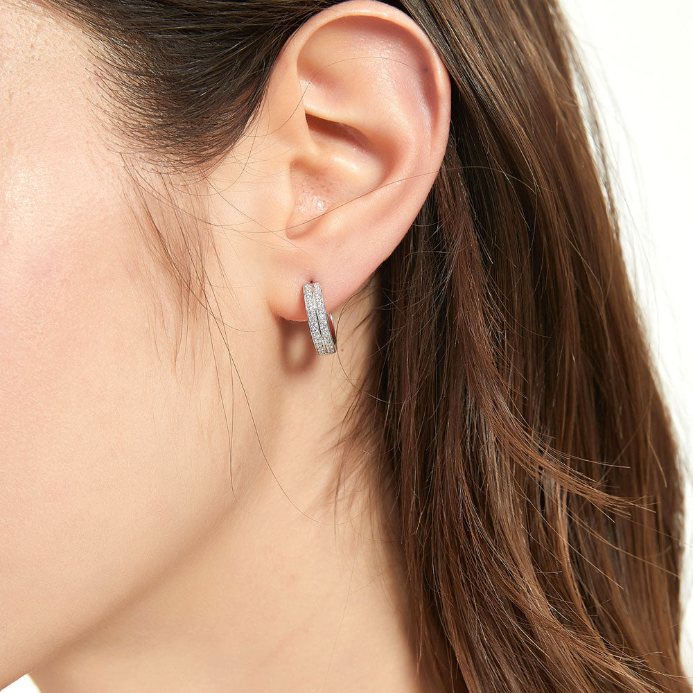 Model wearing Double Row CZ Medium Hoop Earrings in Sterling Silver 0.6 inch, 2 of 6