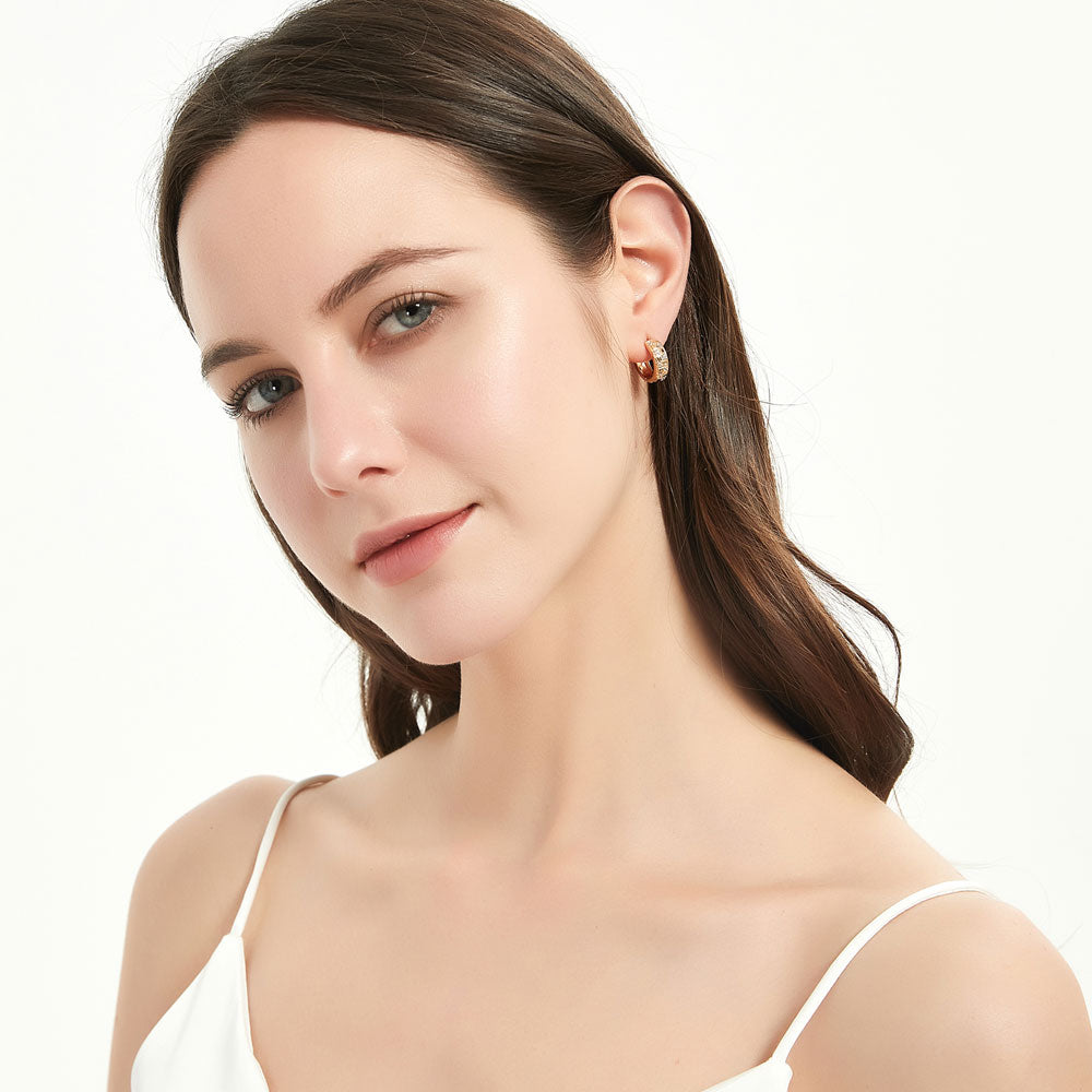 Model wearing Checkerboard CZ Medium Hoop Earrings in Sterling Silver 0.6 inch