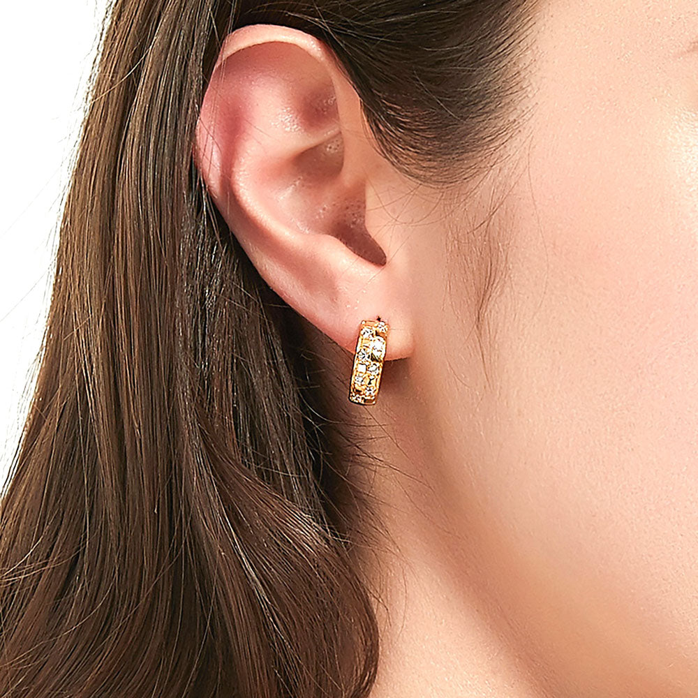 Model wearing Checkerboard CZ Medium Hoop Earrings in Sterling Silver 0.6 inch