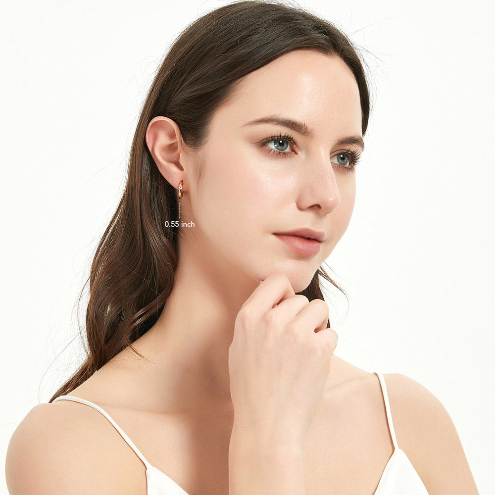 Model wearing Solitaire Round CZ Hoop Earrings in Gold Flashed Sterling Silver 0.12ct, 5 of 11