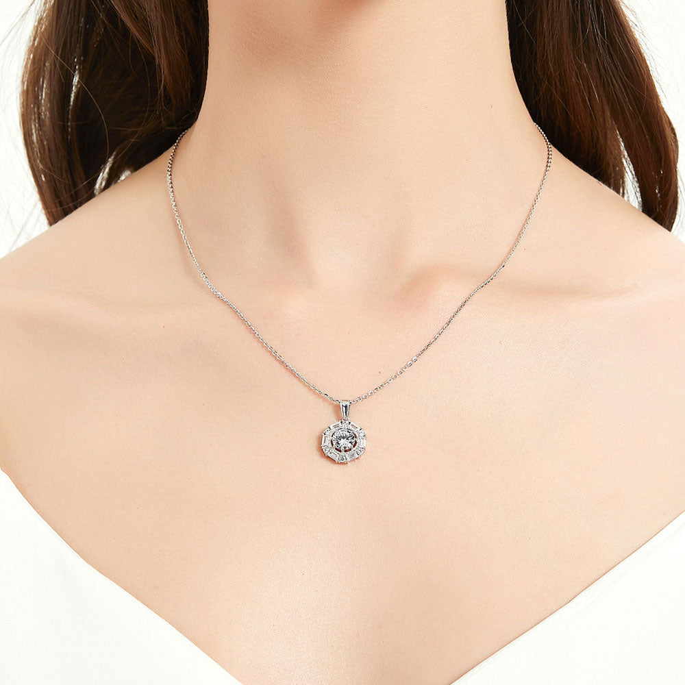 Model wearing Halo Cable Round CZ Pendant Necklace in Sterling Silver, 2 of 7