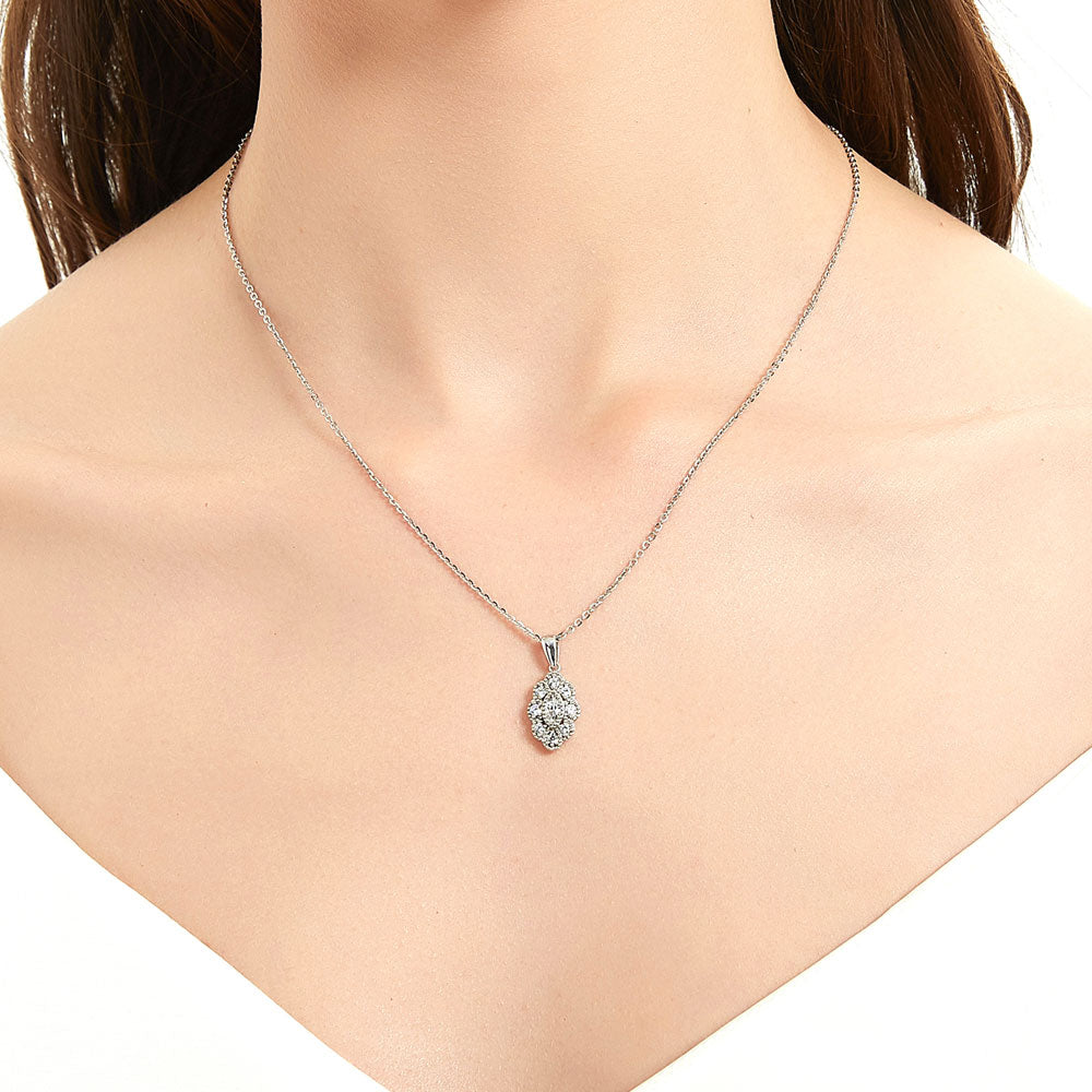 Model wearing Halo Navette Marquise CZ Pendant Necklace in Sterling Silver