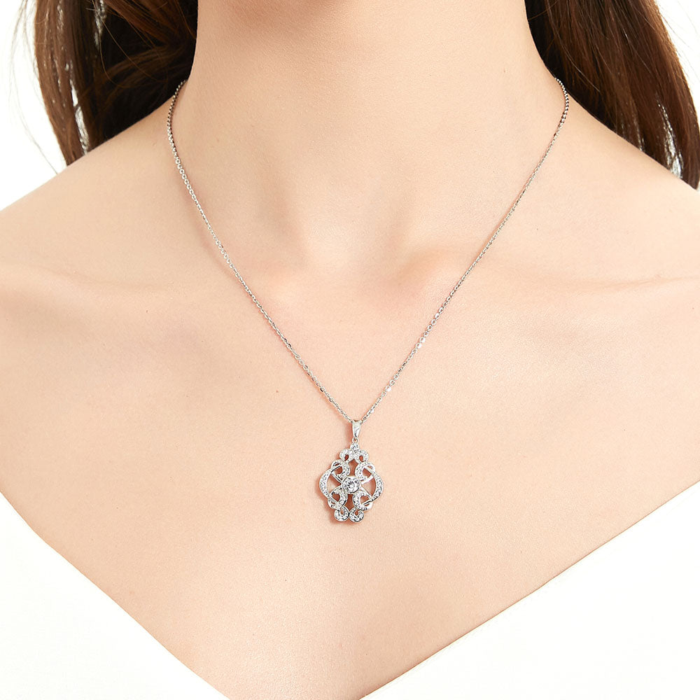 Flower Art Deco CZ Pendant Necklace in Sterling Silver