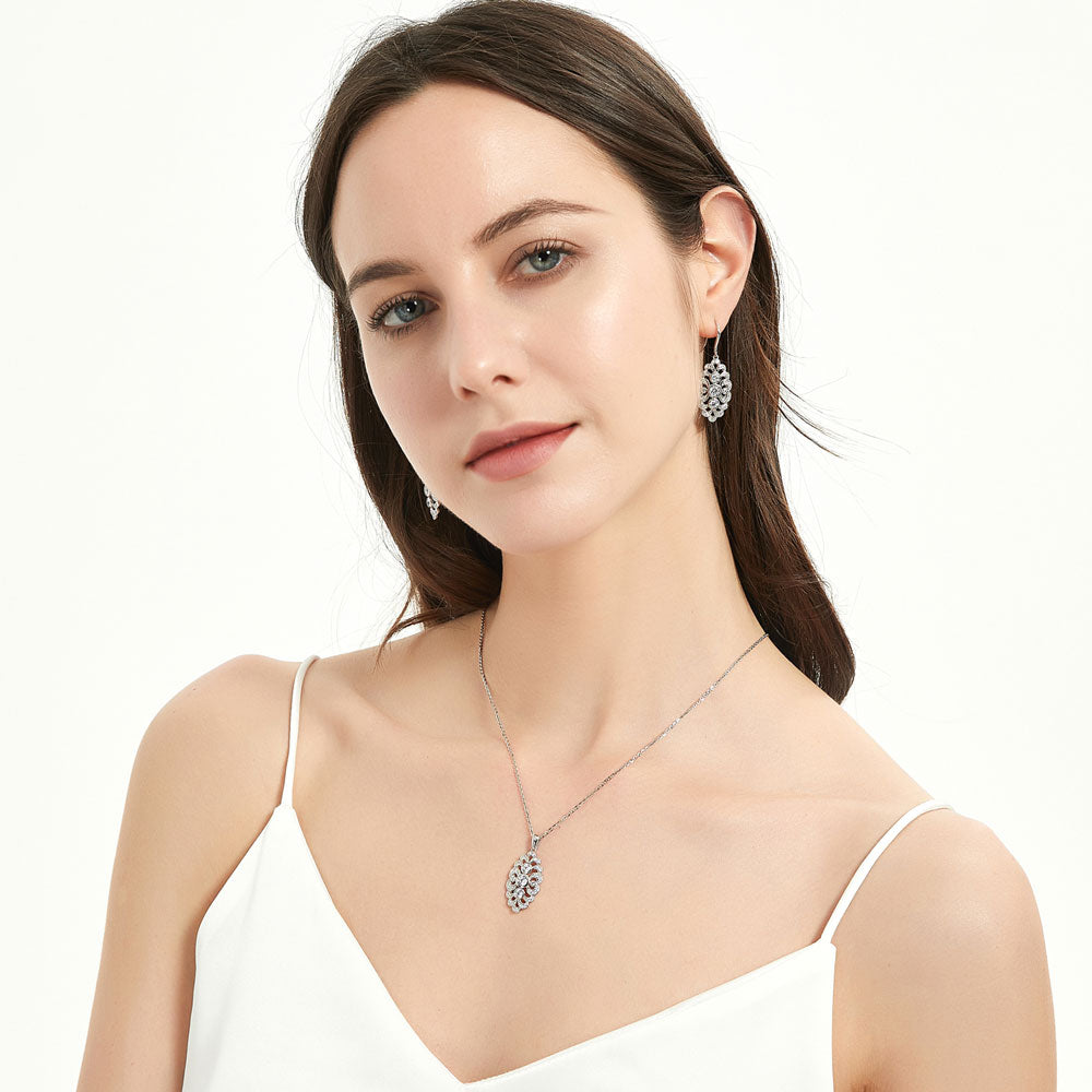 Model wearing Navette Art Deco CZ Necklace and Earrings Set in Sterling Silver, 6 of 13