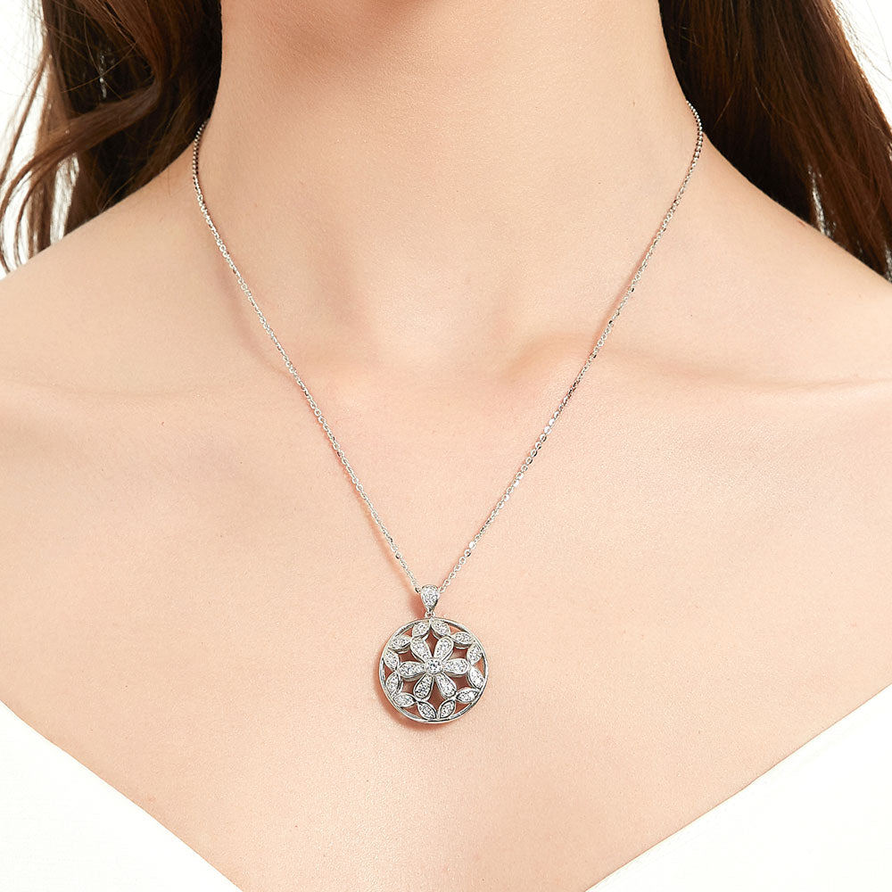 Flower Medallion CZ Pendant Necklace in Sterling Silver
