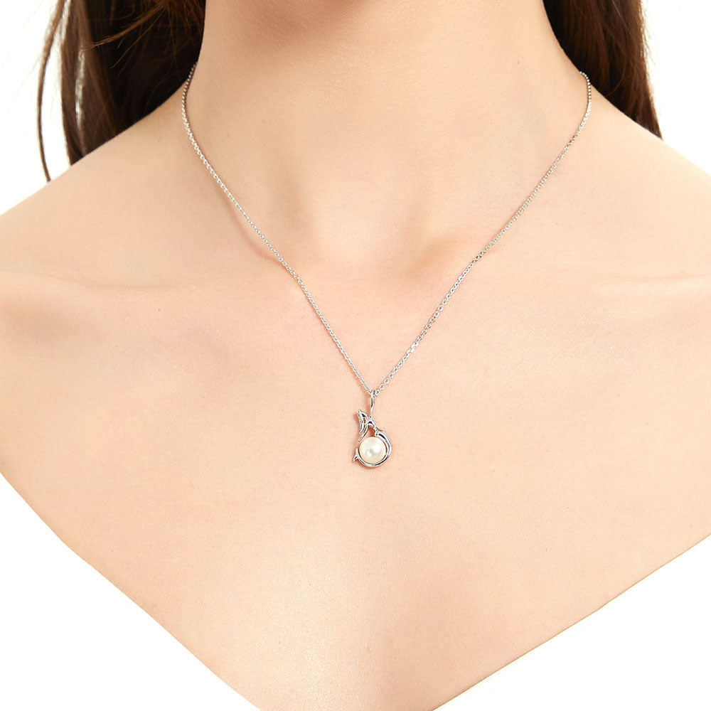 Model wearing Mermaid White Button Cultured Pearl Necklace in Sterling Silver