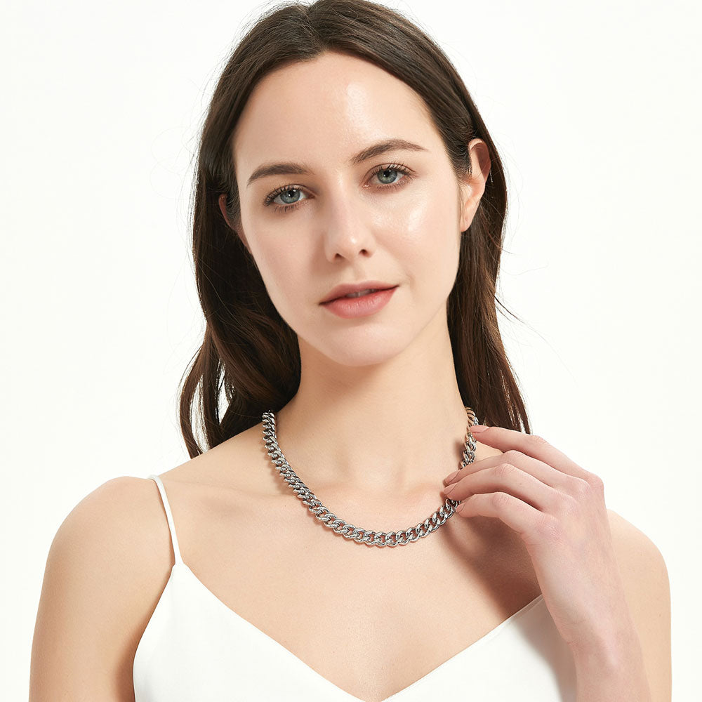 Model wearing Statement Lightweight Chain Necklace in Silver-Tone 9mm, 3 of 6