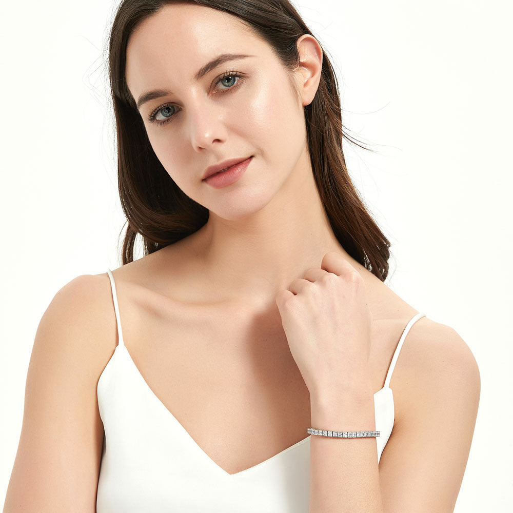 Model wearing Bar Princess CZ Statement Tennis Bracelet in Sterling Silver