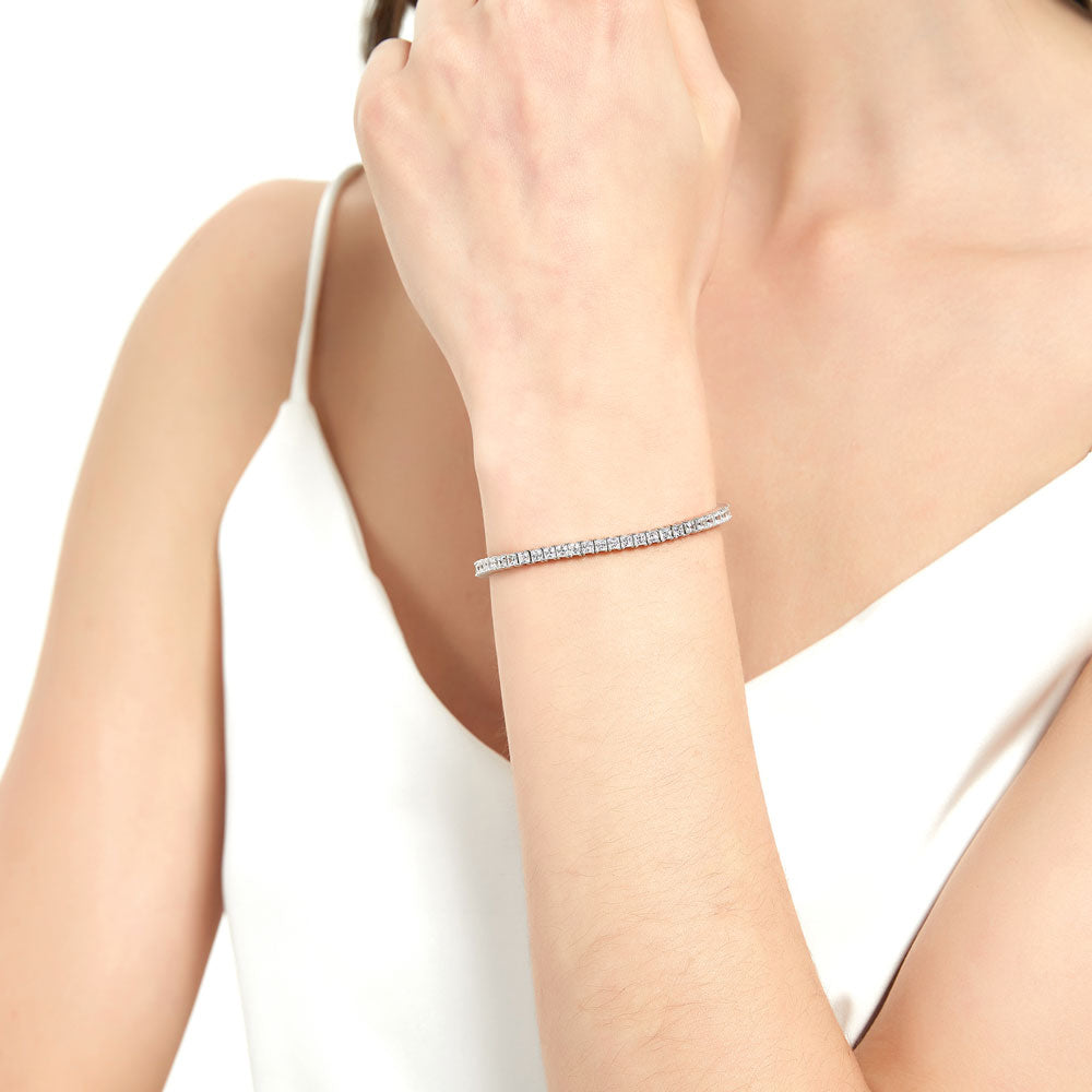 Model wearing Princess CZ Statement Tennis Bracelet in Sterling Silver