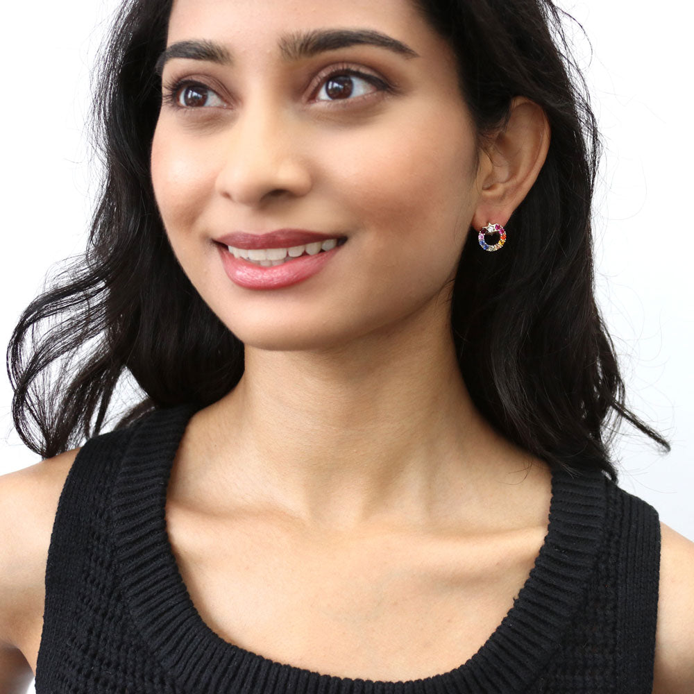 Model wearing Star Wreath Multi Color CZ Stud Earrings in Sterling Silver